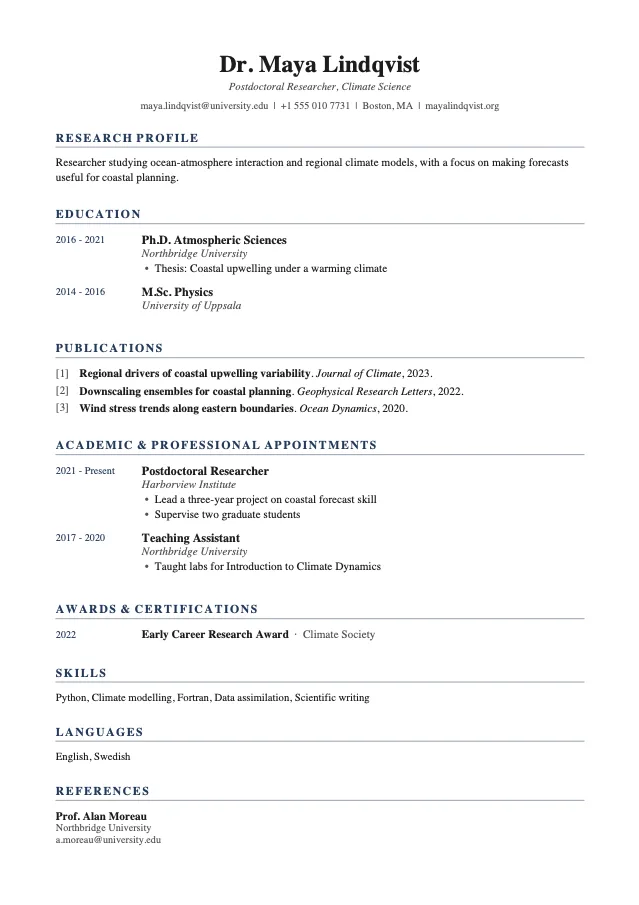 Academic CV resume template preview
