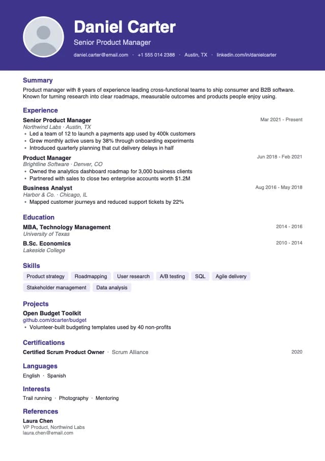Bold Header resume template preview