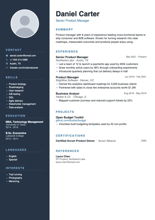 Modern Sidebar resume template preview