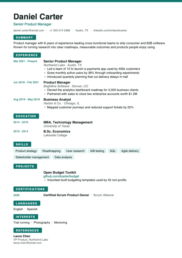 Teal Modern resume template preview